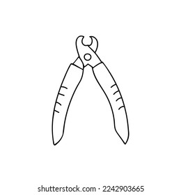 Doodle illustration of open pet claw clippers in vector. Pet claw scissors hand drawn icon.