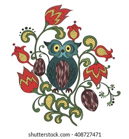 Doodle illustration of an owl on a branch, flowers and leaves. Isolated. Abstract.