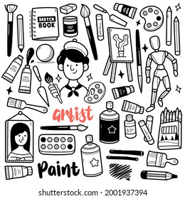 Doodle illustration of painting tools and objects such as canvas, crayon, acrylic, sketches, oil paint, spray paint, brush etc. Black and white line illustration.