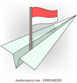 doodle illustration, paper plane flying carrying the Indonesian flag