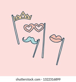 Doodle illustration of party props on sticks: tiara crown, heart-shaped glasses, moustache, lips. Pastel color palette on pink background. Bachelorette party concept. Invitation card design element.