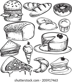 Doodle illustration of pastry breads. cakes, pizza and ice cream