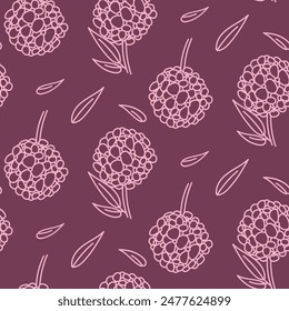 A doodle illustration pattern in the form of a pink hydrangea with leaves. Seamless freehand drawing with a wide line. shades of pink on purple. Romantic silhouette for a holiday on wedding cards