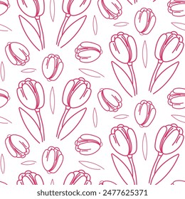 A doodle illustration pattern in the form of a pink tulip with leaves. Seamless freehand drawing with a wide line. shades of pink on white. Romantic silhouette for a holiday on wedding cards