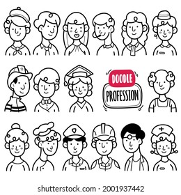 Doodle illustration of people with different profession such as painter, model, firefighter, white collar, doctor, police, nurse etc. Black and white line illustration.