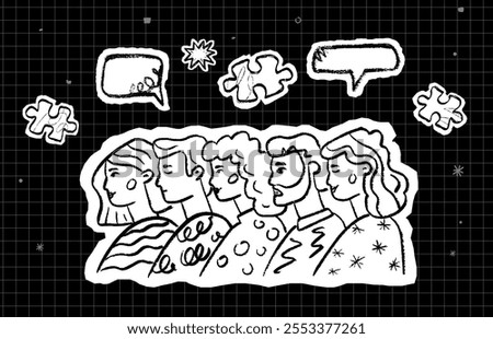 Doodle illustration of people and speech bubbles on a grid background. A collage symbolizing partnership, interaction, collaboration.