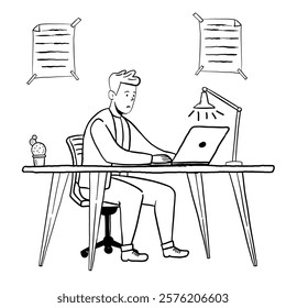 doodle illustration of people working with laptop hand drawn