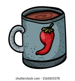 Doodle illustration Pepper Mug, Hot Chocolate, Pepper Drink. Very Hot Pepper. Hand drawn of fresh chili pepper. Mexican food. - Vector. Vector illustration