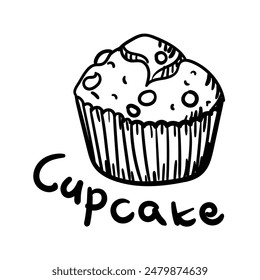 Doodle illustration with a picture of a cupcake, a black outline, and a sweet name cupcake. The image is handmade with different line thicknesses. Contour illustration for baking in cafes, bakeries,