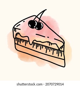 Doodle illustration of Piece of Cake with berry of cherry. Hand drawn Vector Sketch with Watercolor spot. Element for icon or cafe logo