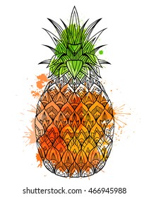 Doodle illustration with pineapple and watercolor splashes. Vector element for printing on T-shirts, postcards and your design