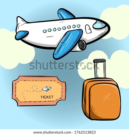 Doodle illustration of plane, ticket, and suitcase