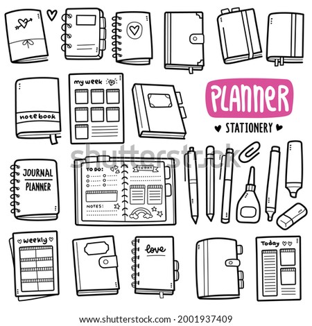 Doodle illustration of planner and stationery such as books, journal, diary, ballpoint, pen, highlighter, eraser etc. Black and white line illustration.