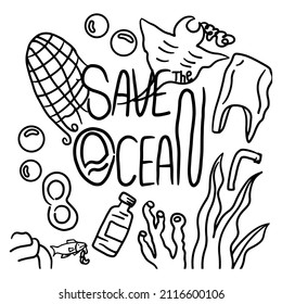 Doodle illustration of plastic waste that damages the marine ecosystem. posters invite to protect the sea and marine life	