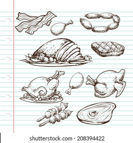 Doodle illustration of protein source, cooked and uncooked, meats of cow, chicken and bacon