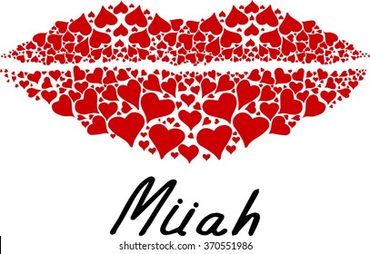 Doodle illustration of red lip , hand-drawn red lips made with hearts  shape Text with kiss mark .Vector illustrator