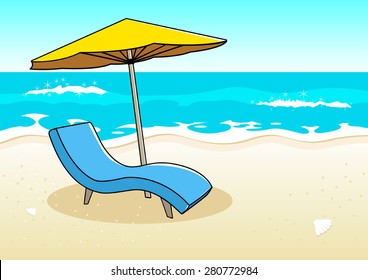 Doodle illustration of relaxing chair under big umbrella on the beach