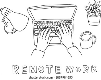 Doodle illustration of remote work. There are laptops and lights, plants, coffee mugs and hands.