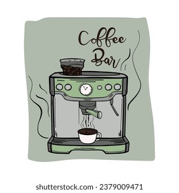 Doodle illustration of a retro coffee machine. Making flavored coffee. Coffee bar. Aesthetics. Hand drawn. 