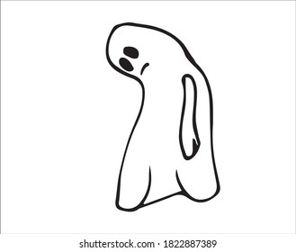 Doodle illustration of a sad ghost with his head down for halloween. Isolated on white in vector.