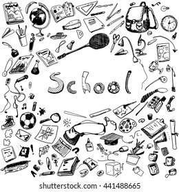 Doodle illustration of school objects. Black outlined illustration of design elements.