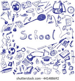 Doodle illustration of school objects. Blue pen. Outlined illustration of design elements.
