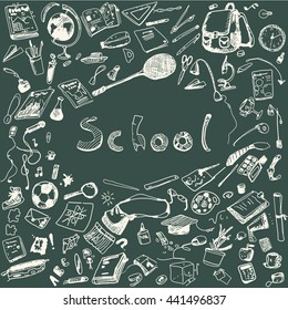 Doodle illustration of school objects. Chalk outlined illustration of design elements.