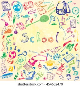 Doodle illustration of school objects. Colorful, watercolor background. Outlined illustration of design elements.