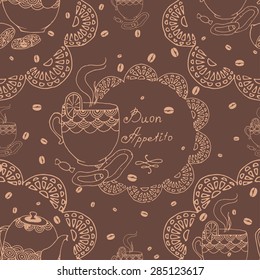 Doodle illustration seamless, cups, kettles, coffee beans with Italian Enjoy your meal! text