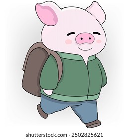 doodle illustration of seeking knowledge in life, a piglet is walking to school in the morning