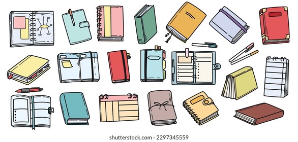 Doodle illustration set of colorful bullet journal, notebooks, stationery and planners. Hand drawn icons of diary book with stickers and calendar. Outline elements isolated on white background.