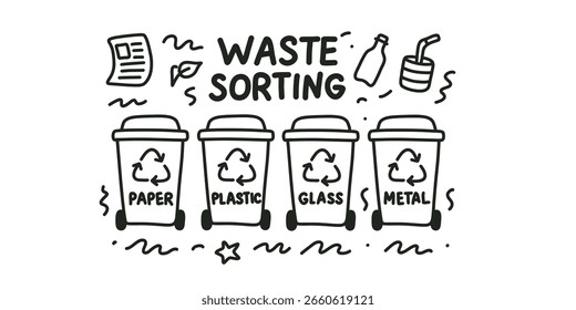 Doodle Ilustración Conjunto de contenedores para plástico, vidrio, papel y residuos de metal