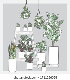 doodle illustration set of difference variation species of ornamental plants in pot and hanging pot. natural tree interior decorate (aloe, fig, snake plant, philodendron, cactus, calathea, succulent )