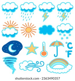 Doodle illustration set featuring a variety of weather icons. From sunny days to stormy nights, this collection has you covered with a playful twist on weather graphics