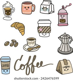 Doodle Illustration Set of Food and Drink Icons with Coffee, Tea, Cup, Cake, Bread, Ice Cream, and Hamburger Symbols for Cafe and Restaurant Design