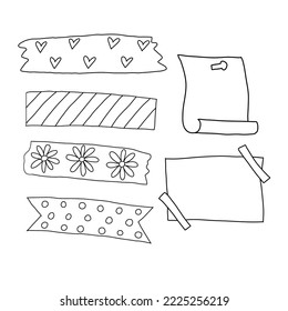 doodle illustration, set of stickers decorative tape, black and white template, freehand