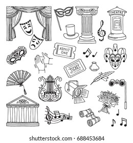 Doodle illustration set of theatre symbols. Lira, binoculars, masks. Opera vector icons