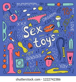 Doodle illustration with sextoys element for sex shop. 
Vector clipart set.