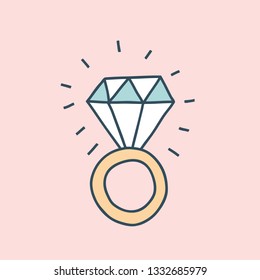 doodle Illustration des glänzenden Diamantrings. Pastellfarben-Palette auf rosafarbenem Hintergrund. Bachelorette-Party oder Hochzeitskonzept. Einladungs-Kartendesign-Element oder -Icon.