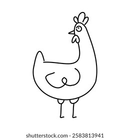 A doodle illustration of a silly chicken. Line illustration of a rooster. Farm bird silhouette. Isolated on white