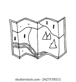 Doodle illustration with simple forest map. Travel paper map. Camping equipment. Monochrome doodle style elements isolated on white background. Hand drawn sketch.