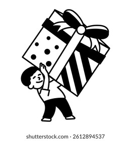 A doodle illustration of small character carrying big gift 
