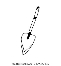 Doodle illustration with small hiking bayonet shovel. Camping equipment. Monochrome doodle style elements isolated on white background. Hand drawn sketch.