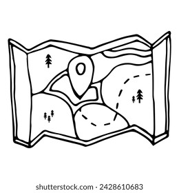 Doodle illustration with small hiking map. Travel map. Camping equipment. Monochrome doodle style elements isolated on white background. Hand drawn sketch.