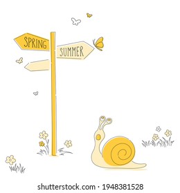 Doodle illustration with snail in front of a road sign chooses where to go: summer or spring. Children's illustration with a yellow surprised snail.