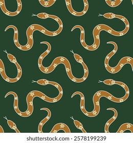 Doodle illustration of snake on a black background, symbolizing 2025 year in the Chinese zodiac. Seamless pattern on a green background, design for wrapping paper, scrapbooking