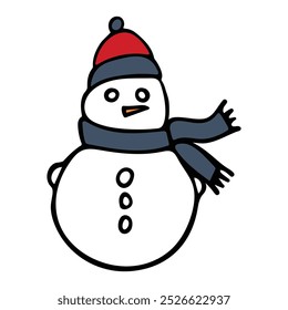 Doodle ilustración de un muñeco de nieve con un sombrero de Santa y una bufanda azul sobre un fondo blanco.