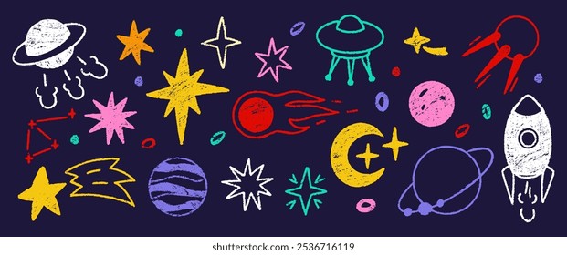 Desenho ilustrativo de espaço, planetas, estrelas e sol com textura de giz de cera, lápis ou lápis. Ilustração desenhada à mão de desenhos animados para crianças. Ilustração de vetor pastel colorida em um fundo escuro.