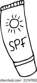 Doodle illustration spf cream, cosmetics, tube of cream. Vector, doodle, symbol, icon, logo
