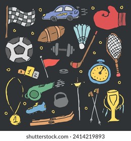Doodle illustration with sport icons. background with sports equipment